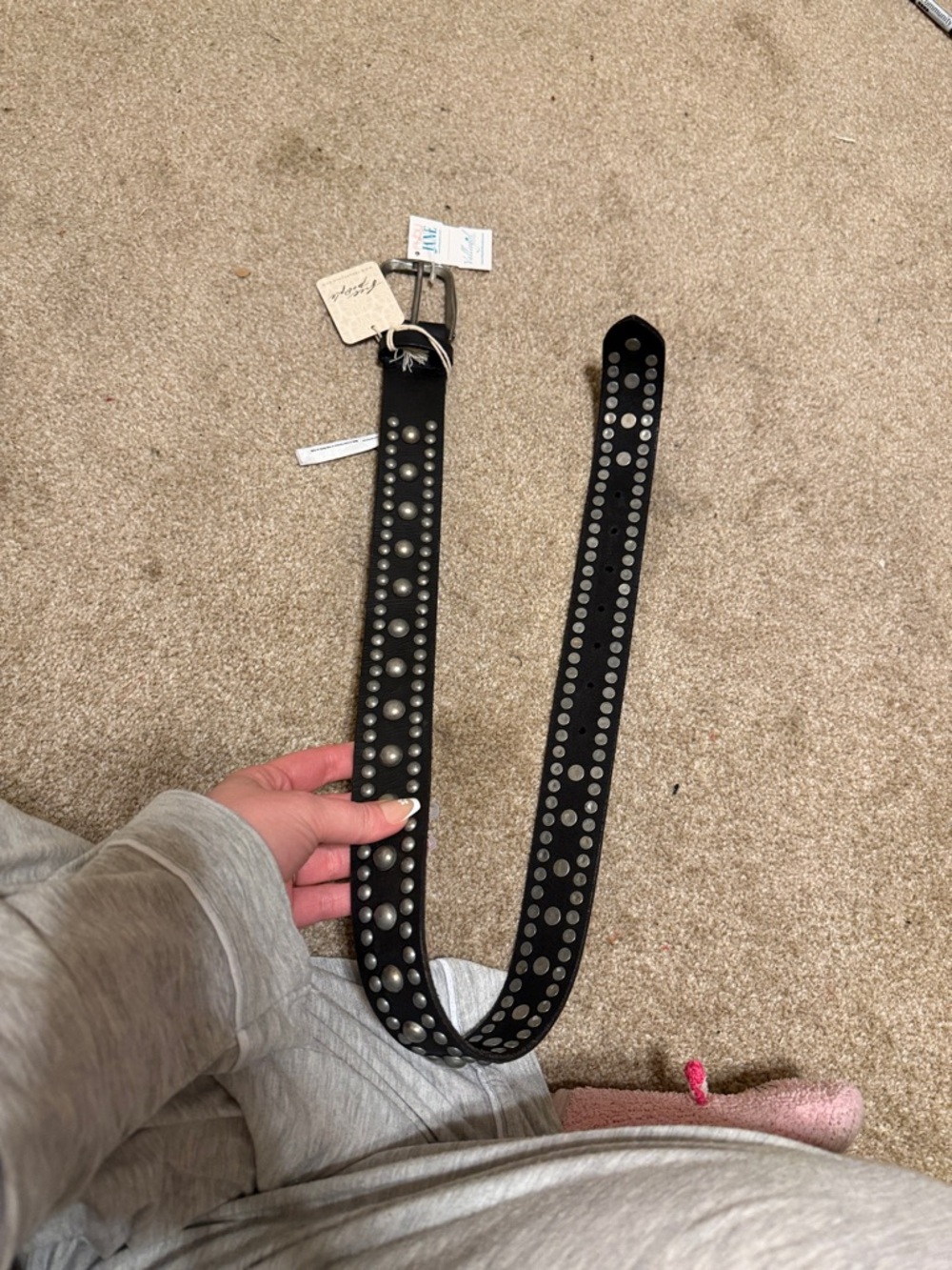 Free People Black Leather Studded Belt with Silver Accents